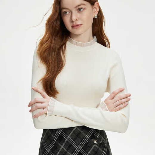 
Fan Silan [machine washable] lace slim knitted base shirt for women in autumn and winter 2024 new 14088 Moonlight White M