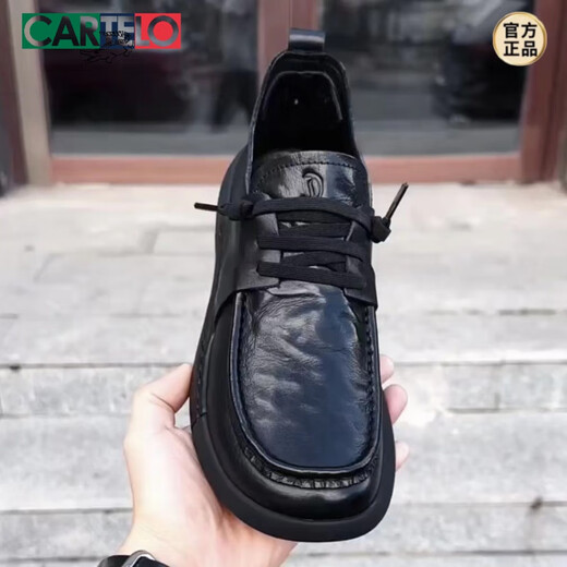 CARTELO 2025 Autumn New Pure Leather Business Casual Cowhide Comfortable Round Toe Lace-Up Fashion Versatile Soft Soled Leather Shoes for Men 38818 Black 40