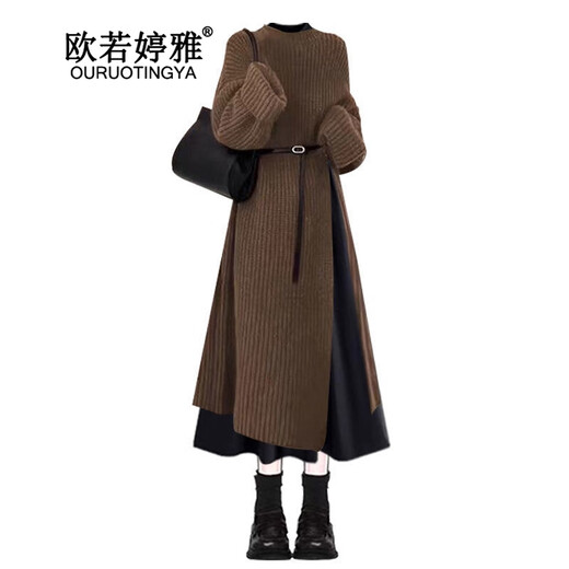Ou Ruotingya autumn and winter wear a complete set of women's clothing 2025 new knitted sweater skirt slim dress suit women's two-piece black dress L (recommended 106-122 Jin Jin equals 0.5 kg)