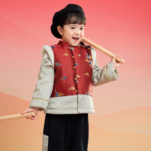 Balabala Boys' Suit Girls' Clothes Plus Velvet Winter Clothes National Style New Chinese New Year's Clothes Fake Two Pieces