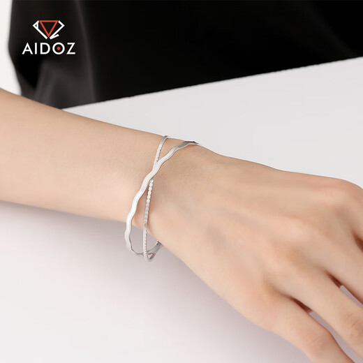 Aido diamond platinum bracelet for women, fashionable pt950 platinum double layer stacked wave bracelet, weight 17.10g, inner diameter 54mm
