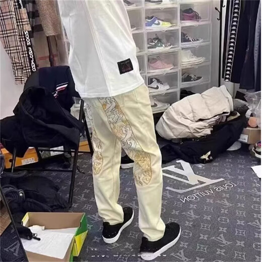 妍黛妮2024春秋云腾牛仔裤男潮牌个性大M刺绣印花休闲修身直筒网红裤子 痞迪-9227图色 29