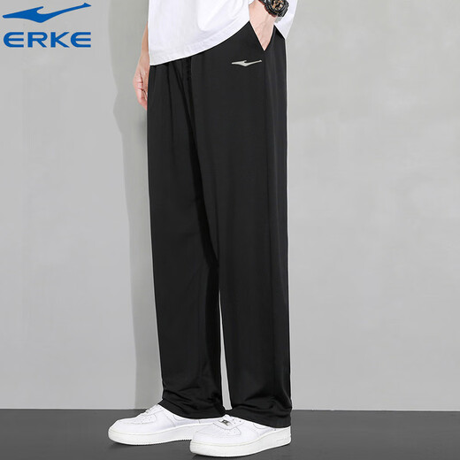 Hongxing Erke (ERKE) straight men's pants 2025 autumn new style knitted sports pants windproof thickened loose trousers fitness running pants men's black XL 175 (weight 135-150Jin Jin equals 0.5 kg)