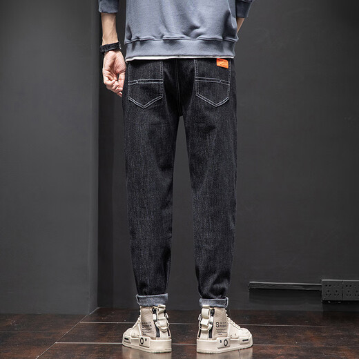 Jeans men's spring and summer new elastic straight-leg pants loose trendy brand Harren casual trousers 6621 black 38