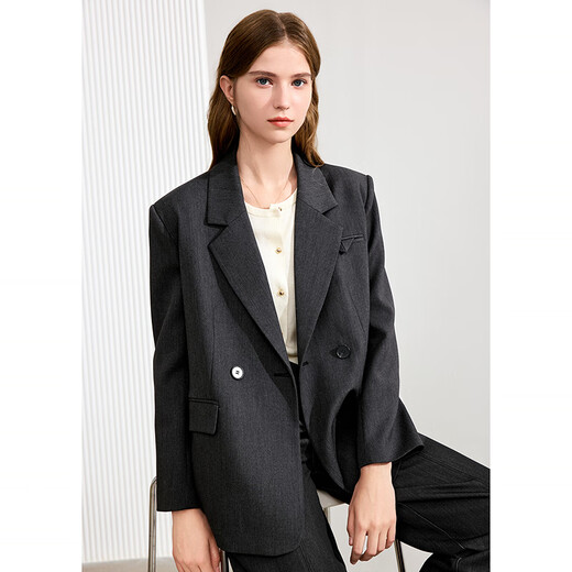 Betu women's autumn new suit lapel fashionable versatile silhouette suit jacket 2408T59 charcoal gray S