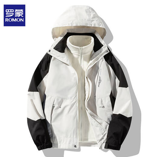 Romon Jacket Men's Spring and Autumn New Hooded Three-in-One Casual Jacket Men's Outdoor Couple Tops YK1818 Ivory White Single Charge (Men's Style) XL About 130-150Jin Jin is equal to 0.5 kg