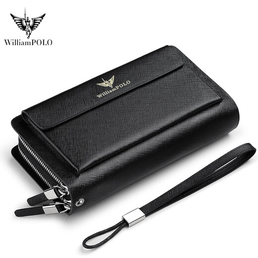 WILLIAMPOLO英皇保罗手包男牛皮双拉链手拿包大容量男士钱包父亲节礼物送爸爸 黑色