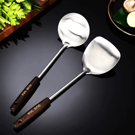 KITCHOICE 2-piece spatula set, household long-handled thickened stainless steel cooking set, cooking pot spatula, soup spoon, wooden handle, anti-
