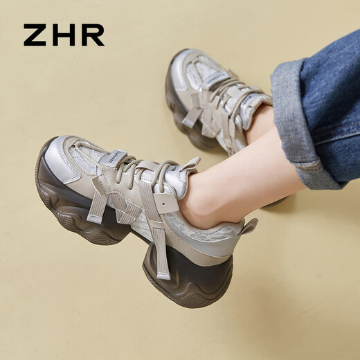 ZHR老爹鞋女轻便厚底增高休闲鞋百搭潮流圆头女鞋 G677 灰色 34 