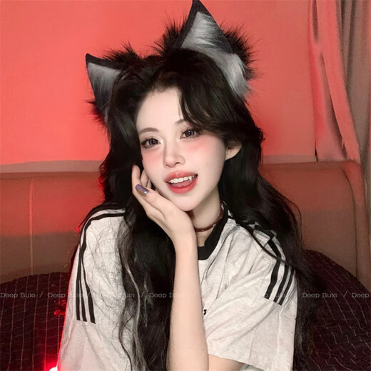 Ellilo Cat Ears Bell Headband Female Pure Desire Cos Fox Ear Plush Headband Wolf Ear Animal Ear Halloween Props Hair Accessory Wolf Ear Headband - Black Gray