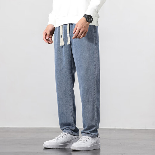 Jeanswest jeans men's 2025 spring and summer new loose straight versatile Harun elastic waist men's casual long pants men light blue XL