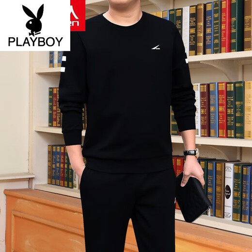 花花公子（PLAYBOY）男装男士休闲运动时尚套装春秋季新款套头棉卫衣圆领长袖衣 677款(红色) 2XL (建议140-158斤)