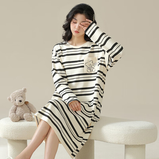 熊司令2024年新款睡裙女春秋纯棉感秋冬季睡衣可外穿条纹家居服 w9763长袖睡裙 M  70-90斤