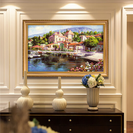 Diqi europäischer Stil Sea View Town Landschaft handbemalte Ölgemälde Eingang Eingangsbilder amerikanische Schlafzimmer Wohnzimmer Dekoration Gemälde 692 Gold Massivholz Rahmen 140x90