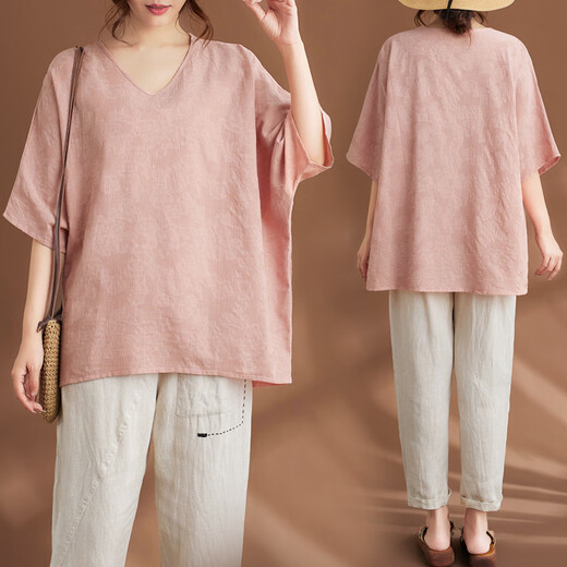 简当（JIANDANG）大码女装夏季胖MM纯色提花休闲宽松蝙蝠袖T恤遮肚子上衣9227 淡粉 大码均码【200斤以下】