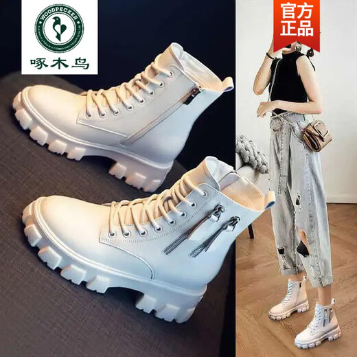 Woodpecker Martin boots women's shoes 2025 new Korean style plus velvet autumn and winter large size cotton shoes women's boots increased high-calf boots ins off-white/plush 37