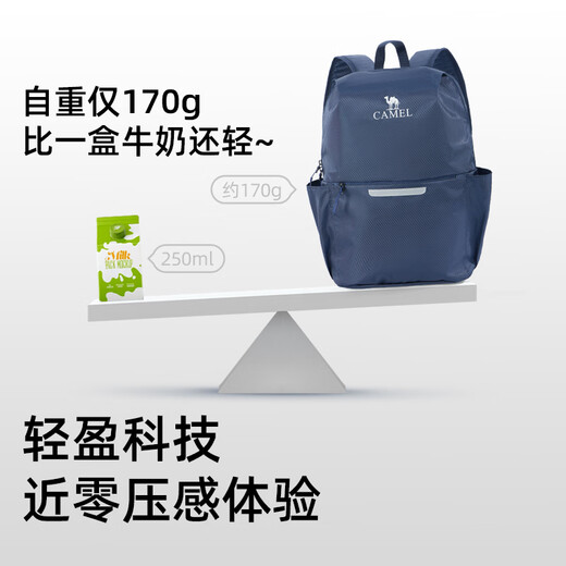 骆驼（CAMEL）轻便双肩背包骑行背包纯色折叠包户外运动休闲旅行登山包藏蓝