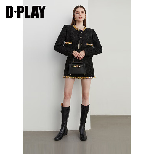 DPLAY Black Label 2025 Autumn New Black Small Fragrance Jacket Women's Heavy Industry Tweed Short Suit Skirt-Classic Black XL