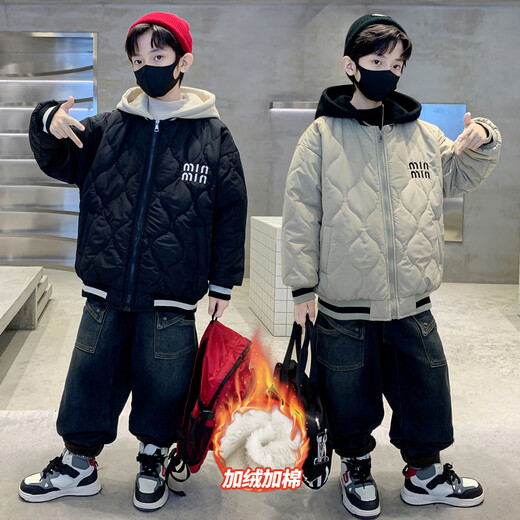 Monkey Brother Boys' Velvet Jacket 2024 New Medium and Large Boys' Thickened Baseball Jacket Hooded Children's Warm Internet Celebrity Jacket Black 150 cm