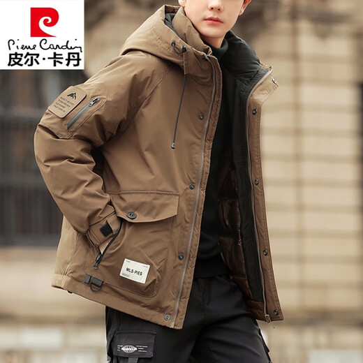 皮尔卡丹（pierre cardin）连帽男士羽绒服冬季冲锋衣2024新款潮流工装简约百搭白鸭绒外套男 YR9871咖啡色 2XL 适合135-150斤