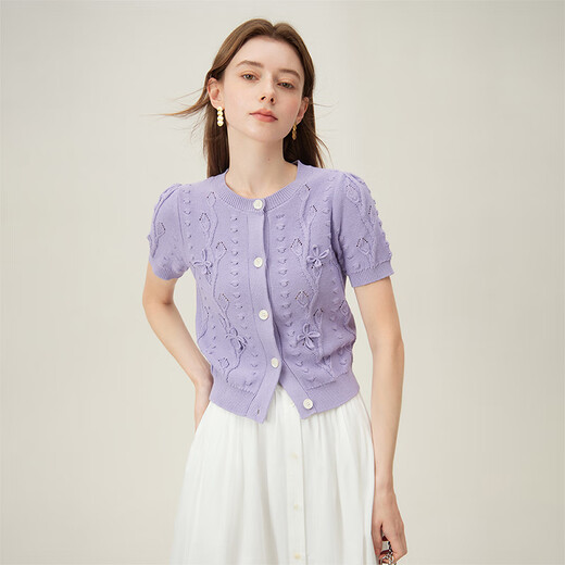 
Fan Silan French round neck sweater cardigan for women summer temperament short-sleeved three-dimensional flower top 24FS12111 Beige XS