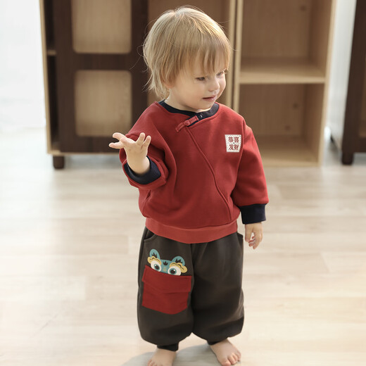 Bali piggy baby sweatshirt winter 2024 new Chinese style boys' tops plus velvet to keep warm New Year's clothing autumn and winter boys' clothes milk white 110 cm