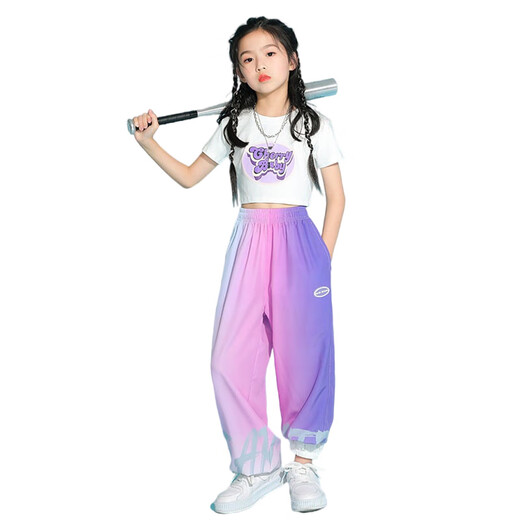 小猪彼特儿童爵士舞演出服装女童六一街舞套装大童夏季女孩幼儿园舞蹈表演 9889白色+5726渐变色 120 cm