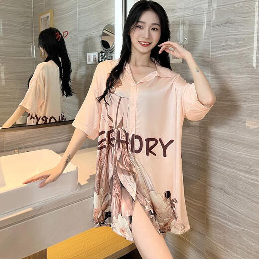 冰丝睡裙女网红夏季薄款可爱甜美丝滑亲肤宽松大码居家服可外穿 719橘色猫咪裙 XL【120-140斤】
