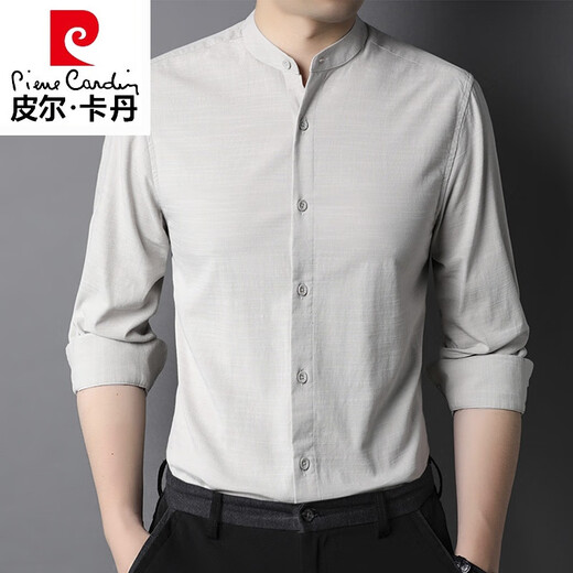 Pierre cardin high-end small stand-collar cotton shirt men's 2025 spring and autumn long-sleeved shirt casual inner Chinese collar inch shirt thin 9930 black 175/L
