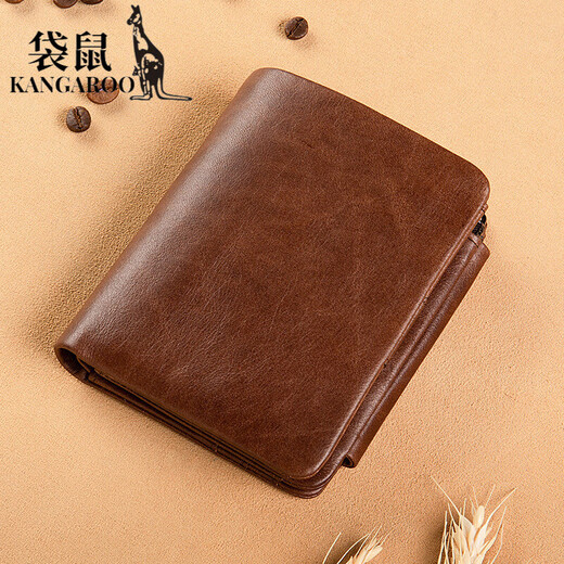 袋鼠（KANGAROO）复古休闲男士真皮钱包RFID防盗刷多功能大容量双拉链零钱袋钱夹 咖啡色