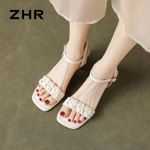 ZHR粗跟凉鞋女夏季优雅法式方头女鞋百搭一字带鞋子女 Y756 米色 36 
