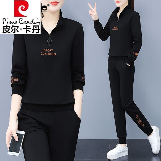 
Pierre cardin casual sportswear suit for women Spring and Autumn 2025 new pure cotton polo large loose sweatshirt two-piece set XYM6189 black plus fleece M-code [recommended 80-95 Jin [Jin equals 0.5 kg]]