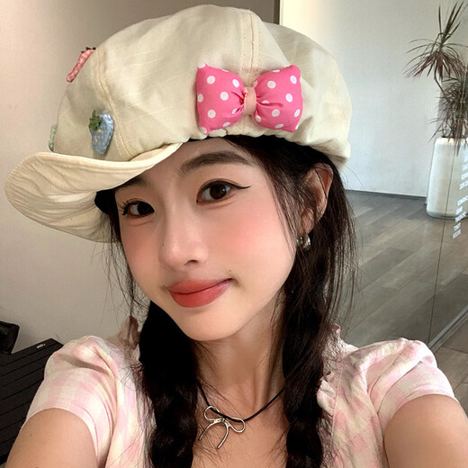 赫僮日系复古棉麻八角云朵帽夏季彩色纽扣前进帽显脸小贝雷帽QT-254 草莓前进贝雷帽 55-59CM