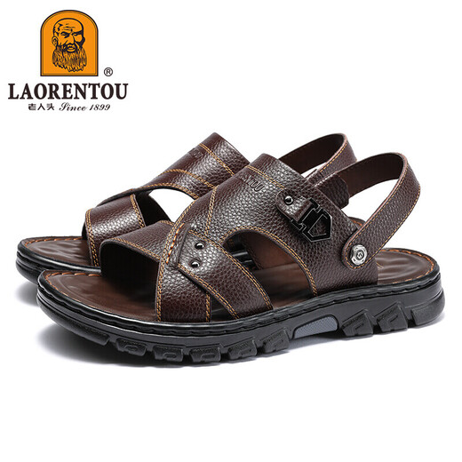 Old Man's Head (Laorentou) Chaussures de plage Chaussures de pantoufles pour l'orteil de vache de vache de vaches de vache deux sandales extérieures LT12033 Brown 43
