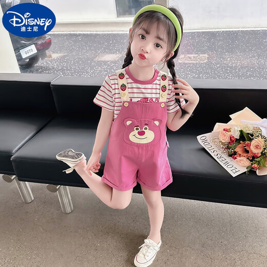 迪士尼（Disney）女童夏装套装2025新款儿童装洋气时髦背带裤短袖女宝宝夏季两件套 粉红色 100 适合身高90-100cm年龄3-4周岁
