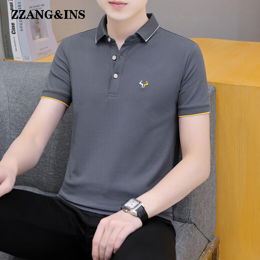 zzang&ins轻奢高端品牌短袖POLO衫男士夏季新款翻领休闲商务宽松 t恤衣服潮 681烟灰 XL （建议130-140斤）