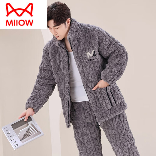 Catman (Miiow) Новые мужчины осень и зимняя трехслойная хлопчатобумажная пижама Коралловый бархат плюс бархатная утолщенная фланелевая домашняя одежда зимнее костюм темно-коричневый m6627 3 слоя x l [95-120Jin [jin равняется 0,5 кг]] три слоя + Толст