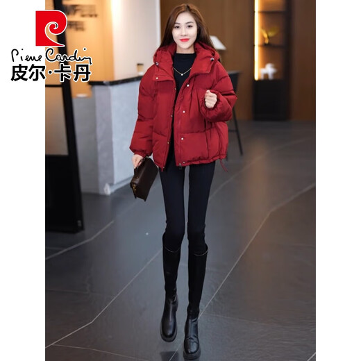 Pierre Cardin chaqueta corta con capucha para mujer 2026 invierno nueva moda suelta y estilo extranjero chaqueta cálida de plumón de pato blanco engrosada rojo L (110-120 Jin Jin equivale a 0,5 kg)