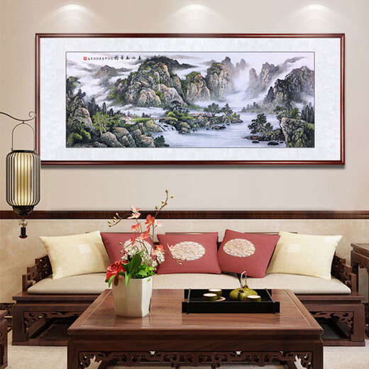 Zhao's Hengxi (ZONLOLV) Chinese ink painting hand-painted authentic Chinese painting landscape painting backing picture to attract wealth office hanging painting living room decoration painting mahogany color solid wood frame FaShunFeng framed 278*118cm