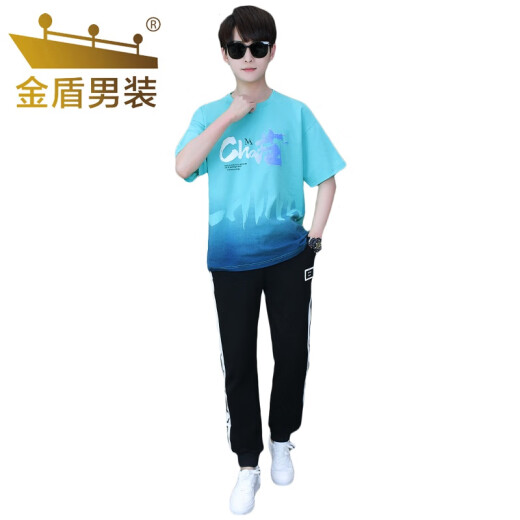 金盾（JINDUN）青少年夏季短袖恤男孩12-15岁初高中学生套装16帅气大童夏装衣服 套装TZ9226款白蓝色 3XL 【135-165斤】