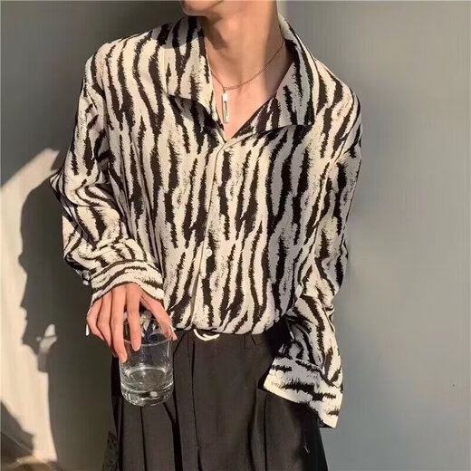 凯丁森（kaidinsen）长袖潮流慵懒潮系黑白斑马纹衬衫设计感衬衣青少年秋季外套 诺世嘉顿-687黑色 L