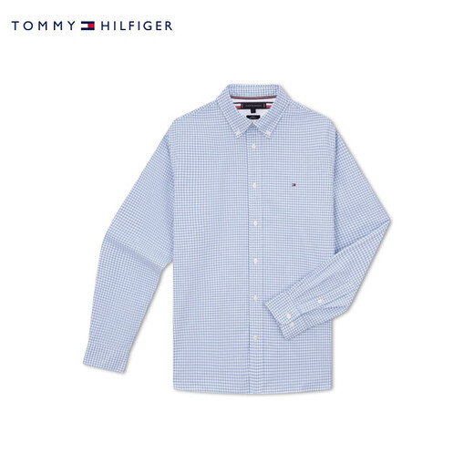 Tommy Hilfiger秋冬男装经典1985纯棉牛津纺小格纹商务休闲长袖衬衫外套 蓝白格纹0MT S （推荐：120-135斤）