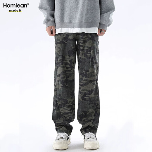Homlean amouflage jeans jeans jeans Men's Awumn Loose American Mardy Brand Прямые повседневные длинные брюки HS42 Camouflage Black XL