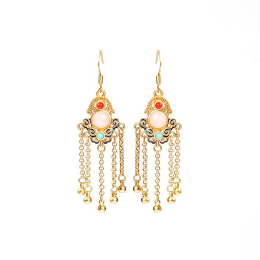 Tongrubi Chinese retro style Hetian jade earrings earrings enamel painted Chinese earrings cheongsam tassels golden CP695-Bird-Bird Earrings