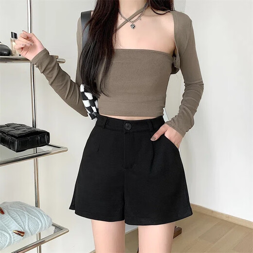 Hao'e Woolen Shorts for Women Spring and Autumn New Style Wide Leg Pants for Slimming Versatile Bottoming Pants for Small People with Boots Black Woolen L Recommended 110-125Jin Jin is equal to 0.5kg