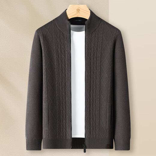 MONTAGUT Winter Men's 100% Pure Wool Cardigan Young and Middle-aged Knitted Sweater Jacket Thick Linen Brown 50