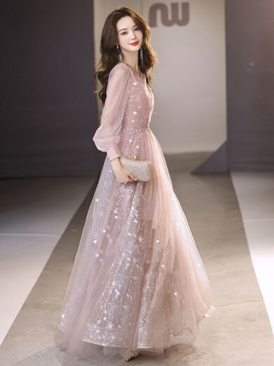 Lingka Qi Banquet Evening Dress Women's Evening Dress Women's Banquet Light Luxury Niche High-end High-end Pink Hosting Annual Meeting Vocal Art Pink Long XL