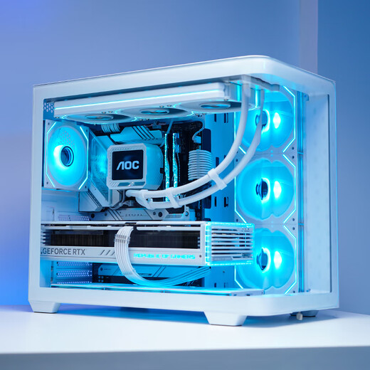 AOC Zhentian Gong CG455 weißer ATX-Desktop-Computer mit Meeresblick, integriertes gebogenes Glas/10 Lüfterpositionen/360 Wasserkühlung/linkes und rechtes Fach/Schnellverschluss-Design