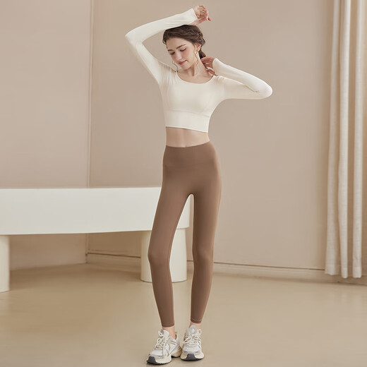 LULU CENTURY yoga wear long-sleeved suit for women with chest pads shockproof autumn and winter fitness Pilates sports breathable tops training clothes for women off-white tops fixed cup chest pads M 100-115Jin Jin equals 0.5 kg