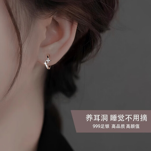 DAISY DREAM 999 Pure Silver Meteor Earrings Women's Ear Piercing Star Earrings Light Luxury High-end Earrings Four-Pointed Star Temperament Earrings 999 Pure Silver Meteor Earrings